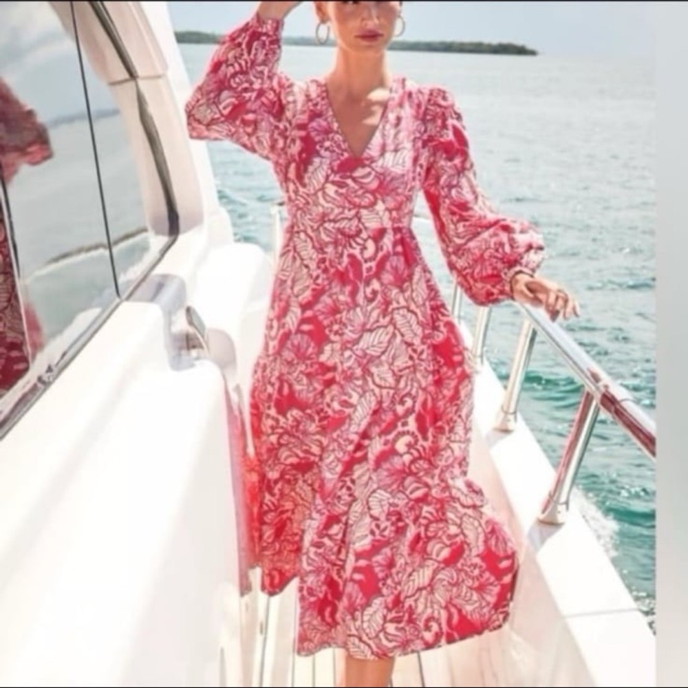 Lilly Pulitzer Tinslee long sleeve midi poinsettia red island vibes 10 dress